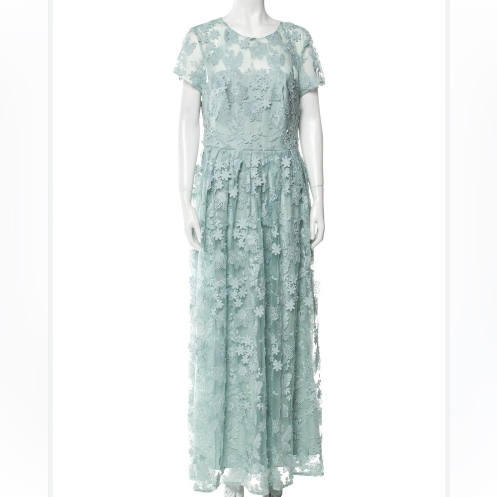 Monique Lhuillier Lace Pattern Long Light Blue Floral Mesh Fit Flare - Picture 1 of 8